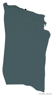 Libya 'nın Darnah ilçesi, başkenti beyaz arka planda izole edilmiş. Renkli yükseklik haritası. 3B görüntüleme