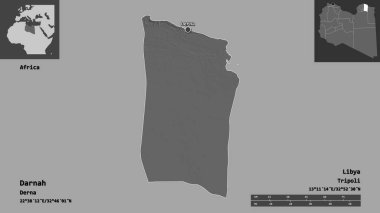 Darnah 'ın şekli, Libya bölgesi ve başkenti. Uzaklık ölçeği, ön gösterimler ve etiketler. Çift seviyeli yükseklik haritası. 3B görüntüleme