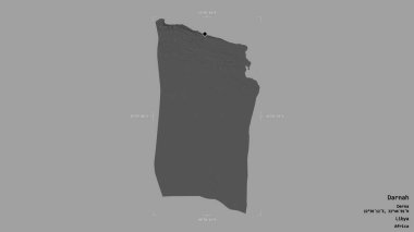 Darnah bölgesi, Libya bölgesi, jeoreferatlı bir sınır kutusunda sağlam bir arka planda izole edilmiş. Etiketler. Çift seviyeli yükseklik haritası. 3B görüntüleme