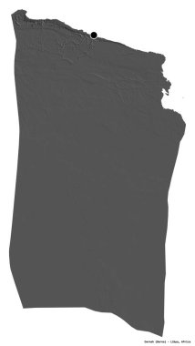 Libya 'nın Darnah ilçesi, başkenti beyaz arka planda izole edilmiş. Çift seviyeli yükseklik haritası. 3B görüntüleme