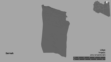 Darnah 'ın şekli, Libya bölgesi, başkenti sağlam bir arka planda izole edilmiş. Uzaklık ölçeği, bölge önizlemesi ve etiketleri. Çift seviyeli yükseklik haritası. 3B görüntüleme