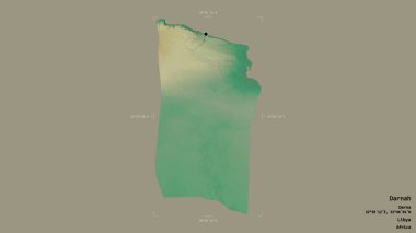 Darnah bölgesi, Libya bölgesi, jeoreferatlı bir sınır kutusunda sağlam bir arka planda izole edilmiş. Etiketler. Topografik yardım haritası. 3B görüntüleme