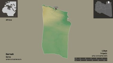 Darnah 'ın şekli, Libya bölgesi ve başkenti. Uzaklık ölçeği, ön gösterimler ve etiketler. Topografik yardım haritası. 3B görüntüleme