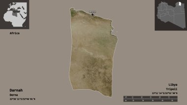 Darnah 'ın şekli, Libya bölgesi ve başkenti. Uzaklık ölçeği, ön gösterimler ve etiketler. Uydu görüntüleri. 3B görüntüleme