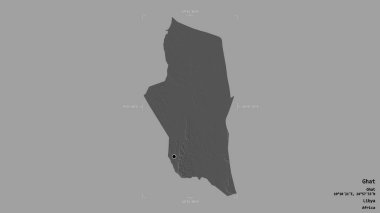 Libya 'nın Ghat ilçesi, jeoreferatlı bir sınır kutusunda sağlam bir arka planda izole edilmiş. Etiketler. Çift seviyeli yükseklik haritası. 3B görüntüleme