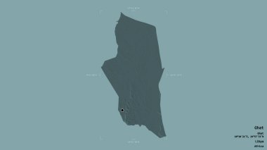 Libya 'nın Ghat ilçesi, jeoreferatlı bir sınır kutusunda sağlam bir arka planda izole edilmiş. Etiketler. Renkli yükseklik haritası. 3B görüntüleme