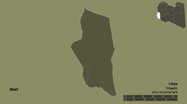 Libya 'nın Ghat ilçesi, başkenti sağlam bir zemine sahip. Uzaklık ölçeği, bölge önizlemesi ve etiketleri. Renkli yükseklik haritası. 3B görüntüleme