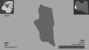 Libya 'nın Ghat ilçesi ve başkenti. Uzaklık ölçeği, ön gösterimler ve etiketler. Çift seviyeli yükseklik haritası. 3B görüntüleme