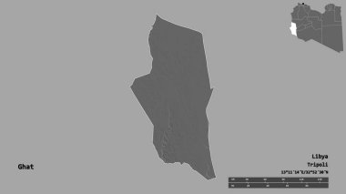 Libya 'nın Ghat ilçesi, başkenti sağlam bir zemine sahip. Uzaklık ölçeği, bölge önizlemesi ve etiketleri. Çift seviyeli yükseklik haritası. 3B görüntüleme