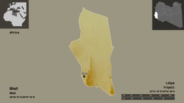 Libya 'nın Ghat ilçesi ve başkenti. Uzaklık ölçeği, ön gösterimler ve etiketler. Topografik yardım haritası. 3B görüntüleme
