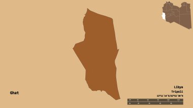 Libya 'nın Ghat ilçesi, başkenti sağlam bir zemine sahip. Uzaklık ölçeği, bölge önizlemesi ve etiketleri. Desenli dokuların bileşimi. 3B görüntüleme