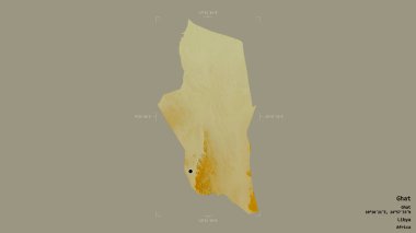 Libya 'nın Ghat ilçesi, jeoreferatlı bir sınır kutusunda sağlam bir arka planda izole edilmiş. Etiketler. Topografik yardım haritası. 3B görüntüleme