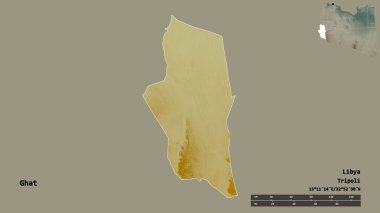 Libya 'nın Ghat ilçesi, başkenti sağlam bir zemine sahip. Uzaklık ölçeği, bölge önizlemesi ve etiketleri. Topografik yardım haritası. 3B görüntüleme