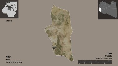Libya 'nın Ghat ilçesi ve başkenti. Uzaklık ölçeği, ön gösterimler ve etiketler. Uydu görüntüleri. 3B görüntüleme