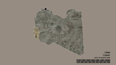 Başkenti, ana bölgesel bölünmesi ve bölünmüş Ghat alanıyla Libya 'nın dejenere edilmiş şekli. Etiketler. Uydu görüntüleri. 3B görüntüleme