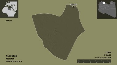 Misratah 'ın şekli, Libya bölgesi ve başkenti. Uzaklık ölçeği, ön gösterimler ve etiketler. Renkli yükseklik haritası. 3B görüntüleme