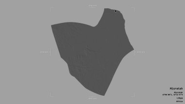 Misratah bölgesi, Libya bölgesi, sağlam bir arka planda izole edilmiş bir sınır kutusunda. Etiketler. Çift seviyeli yükseklik haritası. 3B görüntüleme