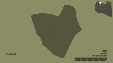 Libya 'nın Misratah ilçesi, başkenti sağlam bir zemine sahip. Uzaklık ölçeği, bölge önizlemesi ve etiketleri. Renkli yükseklik haritası. 3B görüntüleme