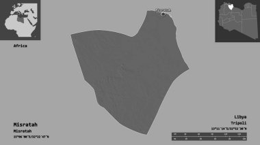 Misratah 'ın şekli, Libya bölgesi ve başkenti. Uzaklık ölçeği, ön gösterimler ve etiketler. Çift seviyeli yükseklik haritası. 3B görüntüleme