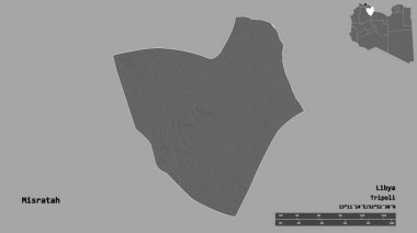 Libya 'nın Misratah ilçesi, başkenti sağlam bir zemine sahip. Uzaklık ölçeği, bölge önizlemesi ve etiketleri. Çift seviyeli yükseklik haritası. 3B görüntüleme