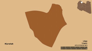 Libya 'nın Misratah ilçesi, başkenti sağlam bir zemine sahip. Uzaklık ölçeği, bölge önizlemesi ve etiketleri. Desenli dokuların bileşimi. 3B görüntüleme