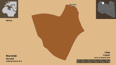 Misratah 'ın şekli, Libya bölgesi ve başkenti. Uzaklık ölçeği, ön gösterimler ve etiketler. Desenli dokuların bileşimi. 3B görüntüleme