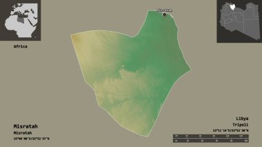 Misratah 'ın şekli, Libya bölgesi ve başkenti. Uzaklık ölçeği, ön gösterimler ve etiketler. Topografik yardım haritası. 3B görüntüleme