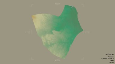 Misratah bölgesi, Libya bölgesi, sağlam bir arka planda izole edilmiş bir sınır kutusunda. Etiketler. Topografik yardım haritası. 3B görüntüleme