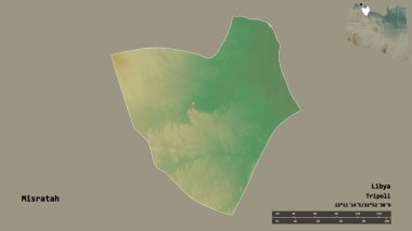 Libya 'nın Misratah ilçesi, başkenti sağlam bir zemine sahip. Uzaklık ölçeği, bölge önizlemesi ve etiketleri. Topografik yardım haritası. 3B görüntüleme