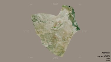 Misratah bölgesi, Libya bölgesi, sağlam bir arka planda izole edilmiş bir sınır kutusunda. Etiketler. Uydu görüntüleri. 3B görüntüleme