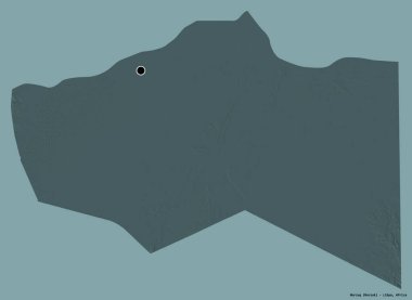 Libya 'nın Murzuq ilçesi, başkenti katı bir renk arka planına sahip. Renkli yükseklik haritası. 3B görüntüleme