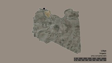 Başkenti, ana bölgesel bölünmesi ve bölünmüş Misratah bölgesiyle Libya 'nın deforme edilmiş şekli. Etiketler. Uydu görüntüleri. 3B görüntüleme