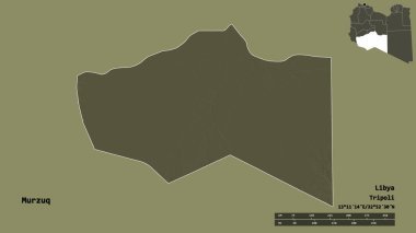 Libya 'nın Murzuq ilçesi, başkenti sağlam bir zemine sahip. Uzaklık ölçeği, bölge önizlemesi ve etiketleri. Renkli yükseklik haritası. 3B görüntüleme