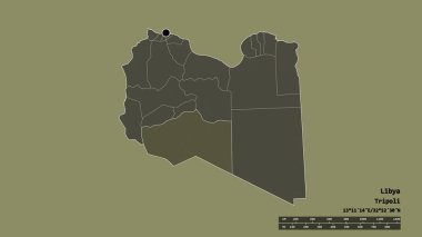 Başkenti, ana bölgesel bölünmesi ve ayrılmış Murzuq bölgesiyle Libya 'nın dejenere bir şekli. Etiketler. Renkli yükseklik haritası. 3B görüntüleme