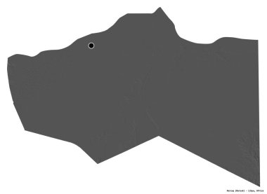 Libya 'nın Murzuq ilçesi, başkenti beyaz arka planda izole edilmiş. Çift seviyeli yükseklik haritası. 3B görüntüleme