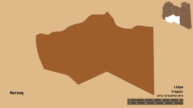 Libya 'nın Murzuq ilçesi, başkenti sağlam bir zemine sahip. Uzaklık ölçeği, bölge önizlemesi ve etiketleri. Desenli dokuların bileşimi. 3B görüntüleme
