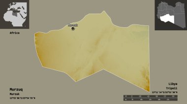 Libya 'nın Murzuq ilçesi ve başkenti. Uzaklık ölçeği, ön gösterimler ve etiketler. Topografik yardım haritası. 3B görüntüleme