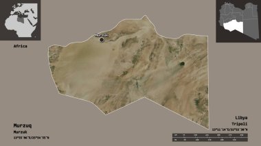 Libya 'nın Murzuq ilçesi ve başkenti. Uzaklık ölçeği, ön gösterimler ve etiketler. Uydu görüntüleri. 3B görüntüleme