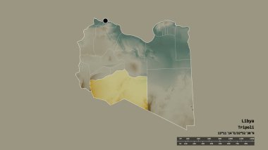 Başkenti, ana bölgesel bölünmesi ve ayrılmış Murzuq bölgesiyle Libya 'nın dejenere bir şekli. Etiketler. Topografik yardım haritası. 3B görüntüleme