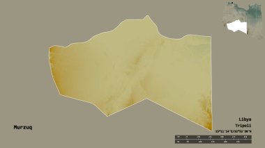 Libya 'nın Murzuq ilçesi, başkenti sağlam bir zemine sahip. Uzaklık ölçeği, bölge önizlemesi ve etiketleri. Topografik yardım haritası. 3B görüntüleme
