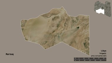 Libya 'nın Murzuq ilçesi, başkenti sağlam bir zemine sahip. Uzaklık ölçeği, bölge önizlemesi ve etiketleri. Uydu görüntüleri. 3B görüntüleme