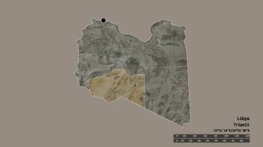 Başkenti, ana bölgesel bölünmesi ve ayrılmış Murzuq bölgesiyle Libya 'nın dejenere bir şekli. Etiketler. Uydu görüntüleri. 3B görüntüleme