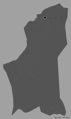 Libya 'nın Nalut ilçesi, başkenti katı bir renk arkaplanına sahip. Çift seviyeli yükseklik haritası. 3B görüntüleme