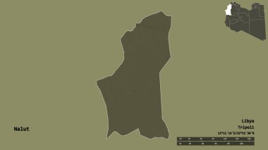 Libya 'nın Nalut ilçesi, başkenti sağlam bir zemine sahip. Uzaklık ölçeği, bölge önizlemesi ve etiketleri. Renkli yükseklik haritası. 3B görüntüleme