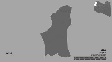 Libya 'nın Nalut ilçesi, başkenti sağlam bir zemine sahip. Uzaklık ölçeği, bölge önizlemesi ve etiketleri. Çift seviyeli yükseklik haritası. 3B görüntüleme