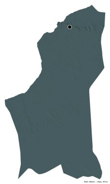 Libya 'nın Nalut ilçesi, başkenti beyaz arka planda izole edilmiş. Renkli yükseklik haritası. 3B görüntüleme