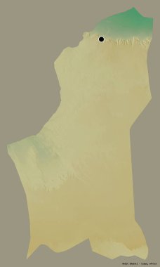 Libya 'nın Nalut ilçesi, başkenti katı bir renk arkaplanına sahip. Topografik yardım haritası. 3B görüntüleme