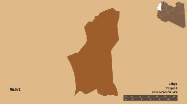 Libya 'nın Nalut ilçesi, başkenti sağlam bir zemine sahip. Uzaklık ölçeği, bölge önizlemesi ve etiketleri. Desenli dokuların bileşimi. 3B görüntüleme