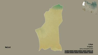 Libya 'nın Nalut ilçesi, başkenti sağlam bir zemine sahip. Uzaklık ölçeği, bölge önizlemesi ve etiketleri. Topografik yardım haritası. 3B görüntüleme