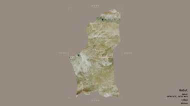 Libya 'nın Nalut ilçesi, jeoreferatlı bir sınır kutusunda sağlam bir arka planda izole edilmiş. Etiketler. Uydu görüntüleri. 3B görüntüleme